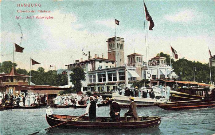 HAMBURG CITY Uhlenhorster-Faehrhaus Alster Ruderboote Passanten Flaggen Bootsan