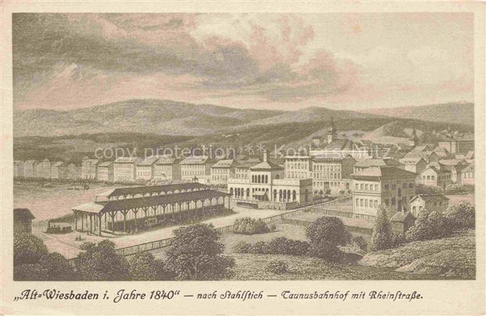 WIESBADEN Alt-Wiesbaden Taunusbahnhof Rheinstrasse Stadtansicht Stahlstich histo
