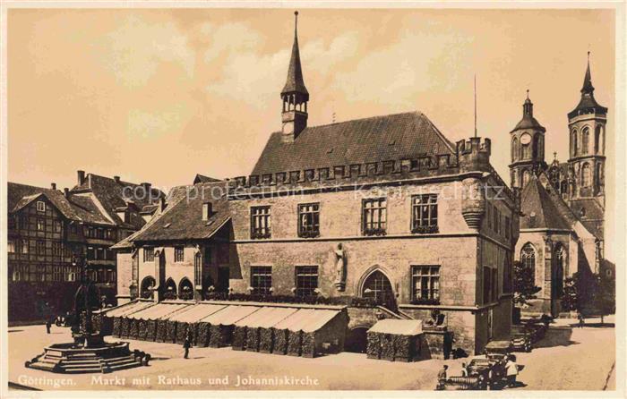 GoeTTINGEN Niedersachsen Markt Rathaus Johanniskirche Brunnen Marktstaende Auto