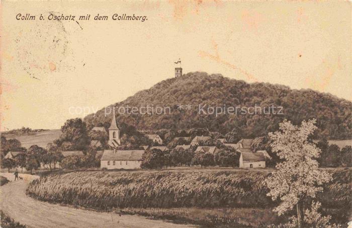 Collm Oschatz Sachsen Collmberg Dorf Kirche Turm Huegel Felder Gesamtansicht