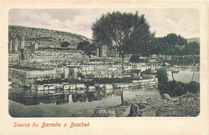 Baalbek Baalbeck Lebanon Source-du-Barrada Ruinen Quelle Fluss Baeume Antike-Mau
