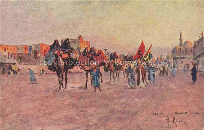 CAIRO Kairo Caire Egypt Kamelkarawane Prozession Fahnen Moschee Marktplatz Arab