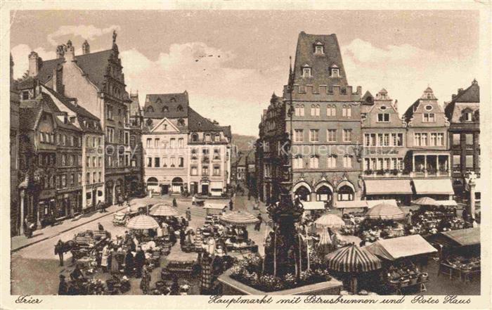 TRIER CITY Hauptmarkt Petrusbrunnen Rotes-Haus Marktplatz Marktstaende Haendler