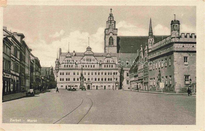 Zerbst Markt Rathaus Kirche Strassenbahn Autos Gruenderzeit Stadtplatz