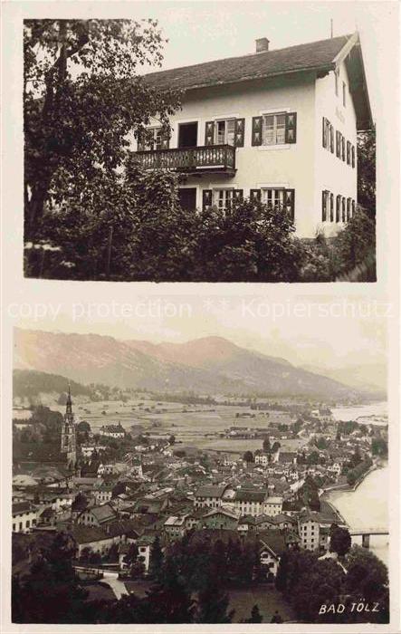 Hohenleiten Stadtansicht Panorama Kirche Berge Isar Villa Balkon Baeume Voralpen