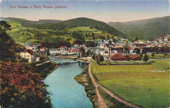 Nassau Lahn Rheinland-Pfalz Lahn Fluss Tal Stadtansicht Bruecke Berge Wiesen Ki