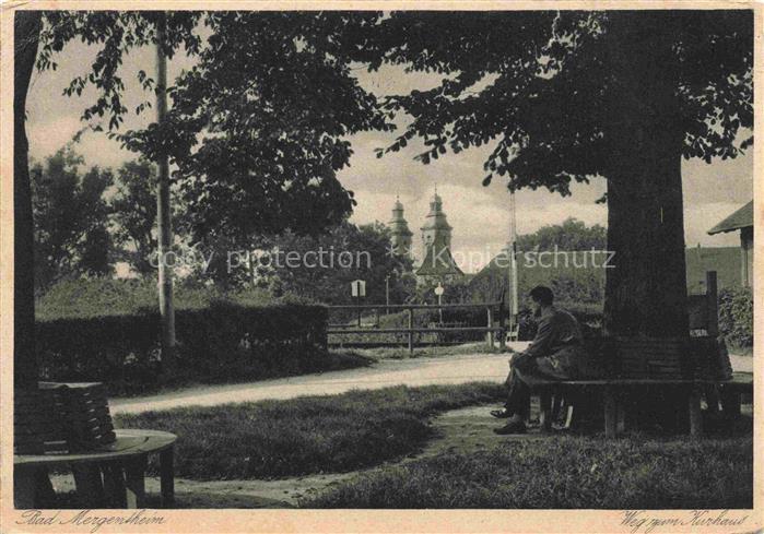 BAD MERGENTHEIM BW Weg-zum-Kurhaus Park Baeume Bank Kirchturm Kurpark S/W-Fotoka