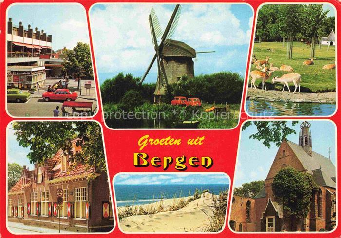 Bergen Nordholland Windmuehle Rehe Strand Duenen Kirche Informatiebuero Nordsee