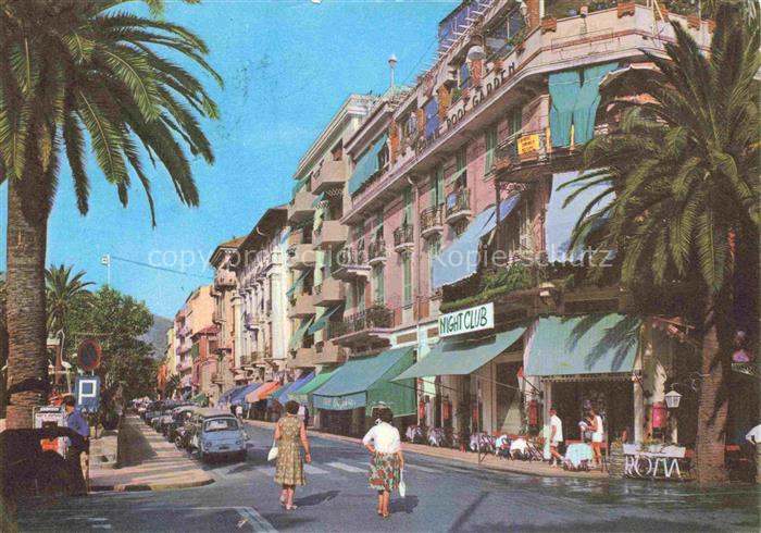 ALAssIO Savona Liguria IT Via-Dante Palmen Strassenszene Hotel Night-Club Fassad