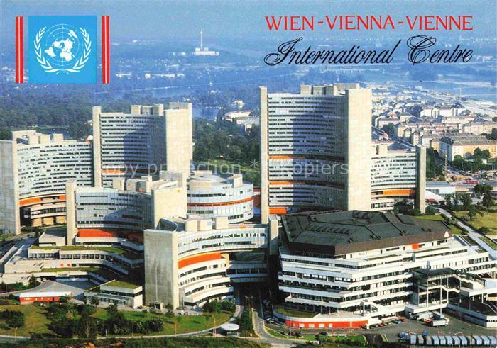 WIEN AT UNO-City International-Centre Fliegeraufnahme Hochhaeuser Donau UN-Fahne