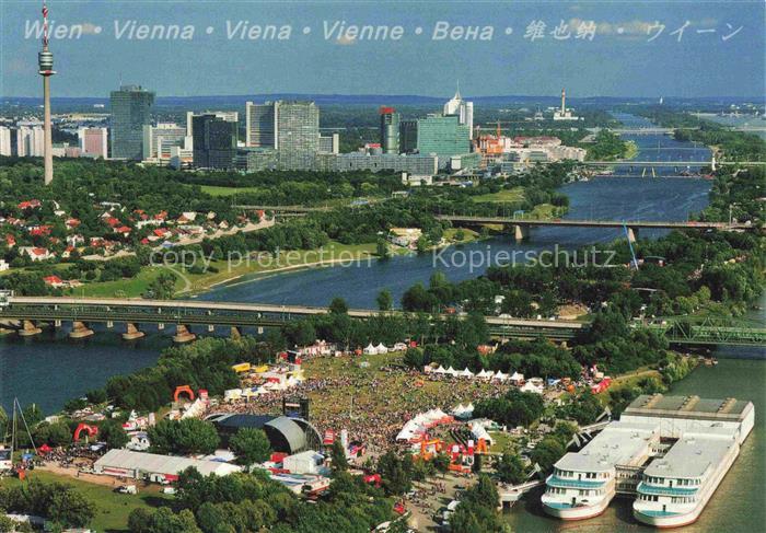 WIEN AT Donauinselfest Donauinsel Fliegeraufnahme Donau UNO-City Donauturm Freil