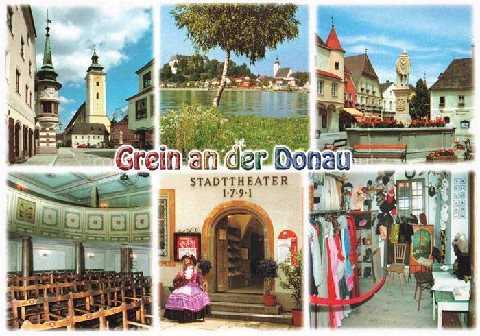 Grein Donau Muehlviertel Oberoesterreich AT Stadtplatz Kirche Donau Stadtbrunnen