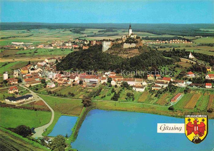Guessing Burgenland AT Fliegeraufnahme Burg Basaltkegel See Dorf Felder Burgenla