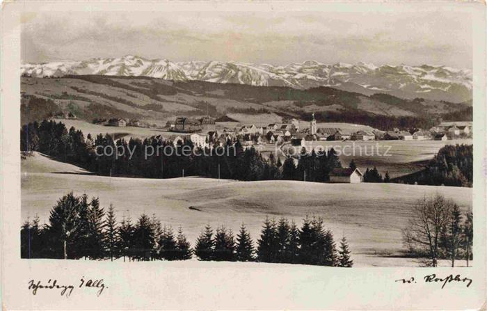 Scheidegg Allgaeu Bayern Alpenpanorama Bergdorf Kirchturm Nadelwald Wiesen Berge