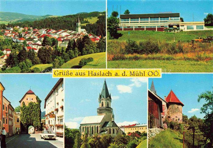 Haslach Muehl Oberoesterreich AT Ortspanorama Hallenbad Alter-Torturm Kirche Weh