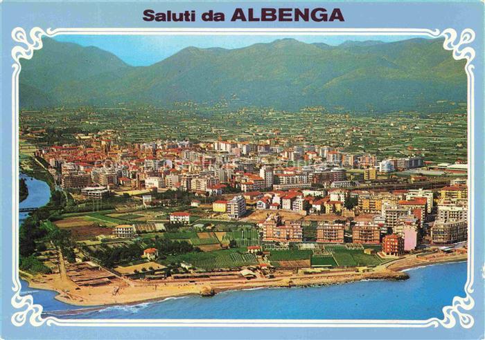 Albenga Isla de Liguria IT Stadtpanorama Strand Kueste Berge Fluss Felder Luftbi