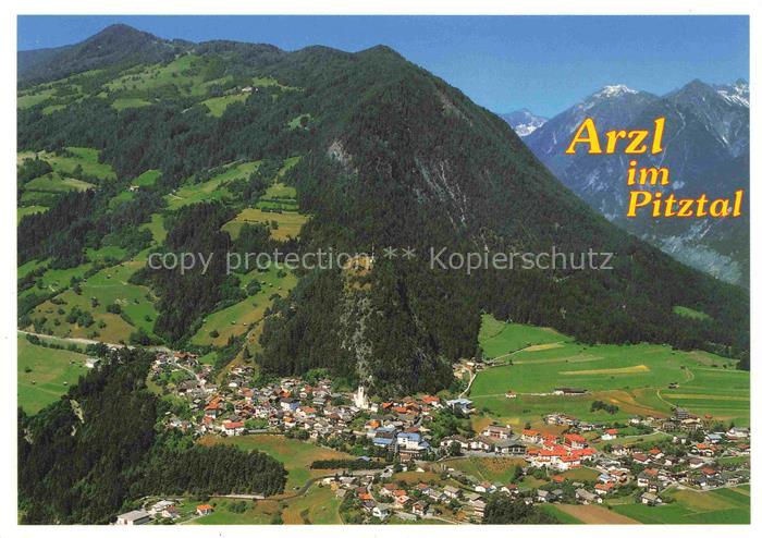 Arzl Pitztal Tirol AT Dorf Kirchturm Bergtal Pitztal Berge Wald Luftbild