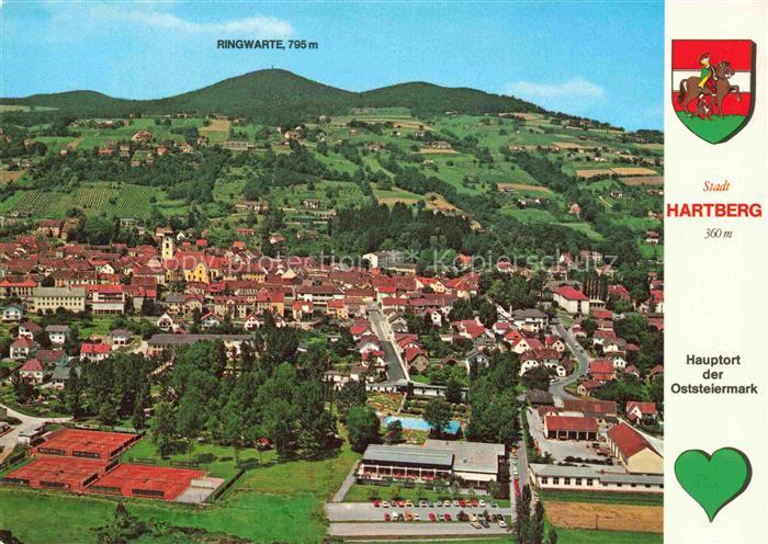 Hartberg Steiermark AT Ringwarte Stadtansicht Kirche Haeuser Felder Huegel Wald