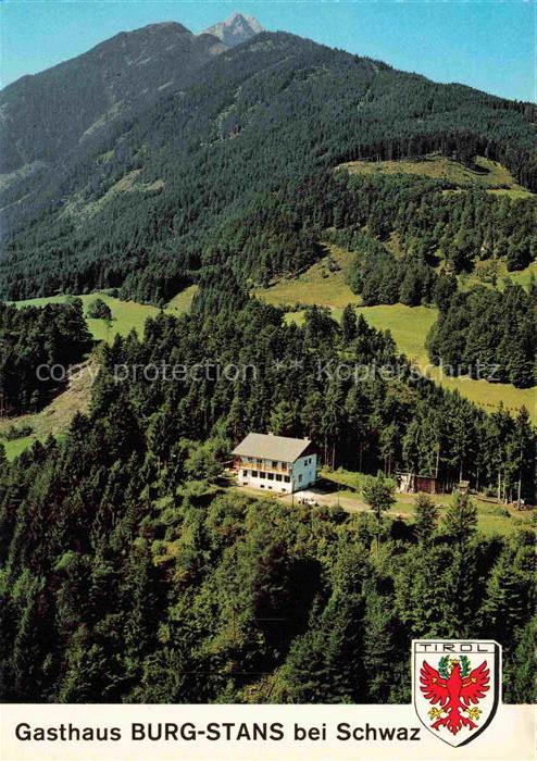 Stans Tirol AT Gasthaus-Burg Fliegeraufnahme Wald Berglandschaft Berg Wiese Schw
