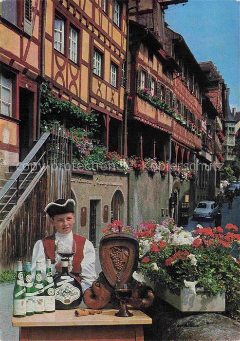 MEERSBURG Bodensee BW Haus-der-guten-Weine Fachwerk Tracht Weinflaschen Strassen