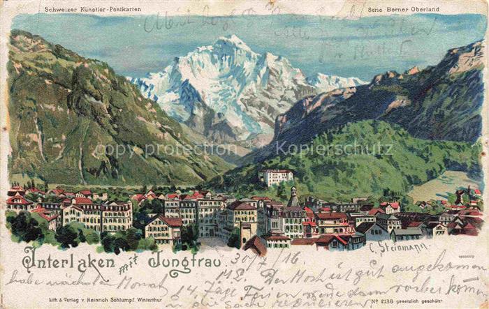 STEINMANN C. Schweiz Kuenstlerlitho Nr. 2138 Interlaken mit Jungfrau