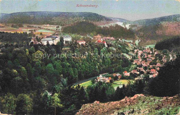 Schwarzburg Rudolstadt Thueringen Talblick Schloss Wald Dorf Bergtal Handkolorie