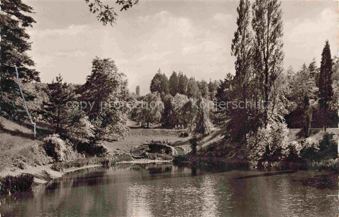 ISERLOHN NRW Rupenteich Teich Park Baeume Bruecke Turm Sauerland