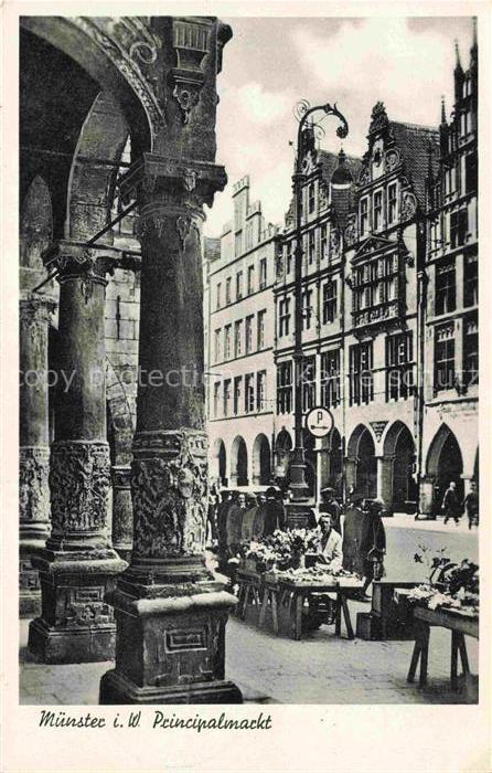 Muenster Principalmarkt Arkaden Markt Blumenstand Haendler Giebelhaeuser Gotik P