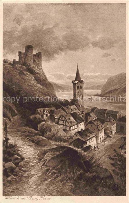Wellmich Sankt Goarshausen Burg-Maus Kirchturm Rhein Fachwerkhaeuser Burgfelsen