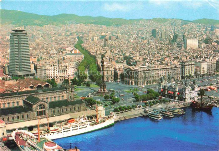 BARCELONA Cataluna ES Las-Ramblas Columbus-Denkmal Hafen Faehrschiff Stadtpanora