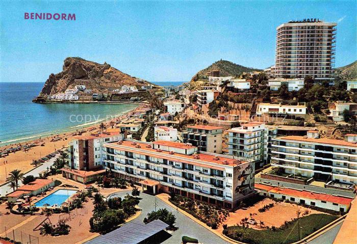 BENIDORM ES La-Cala Strand Hotel-Bahia Hochhaus Felsinsel Bucht Fliegeraufnahme