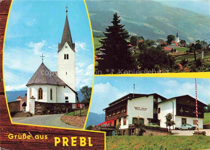 Prebl Wolfsberg Kaernten AT Kirche Ortschaft Gasthof-Pension Gruesse-aus Wiesen