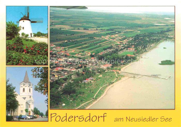 Podersdorf Neusiedlersee Burgenland AT Neusiedlersee Windmuehle Kirche Badestran