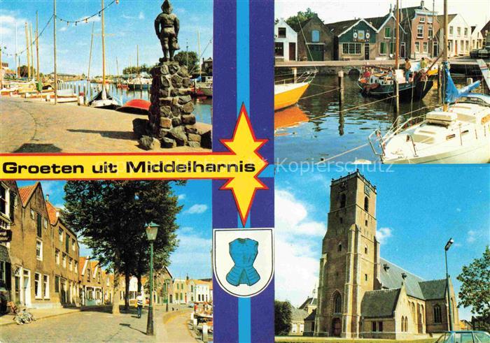 Middelharnis Goeree Overflakee Zuid Holland NL Hafen Segelboote Statue Kirche Ge
