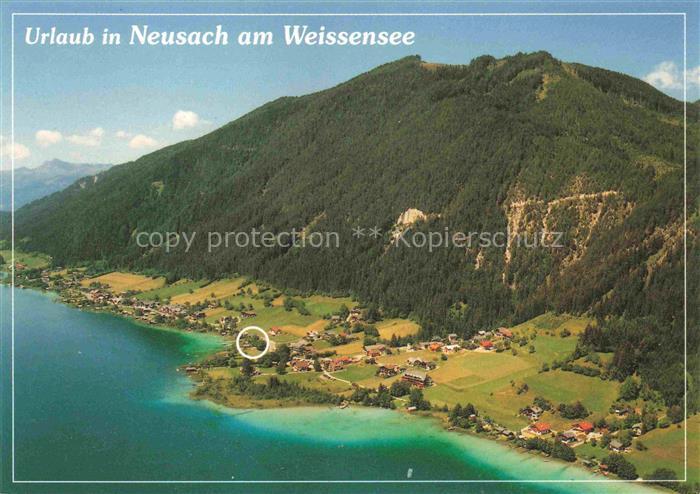 Neusach Weissensee Kaernten AT Luftbild Weissensee See Berge Wald Wiesen Neusach