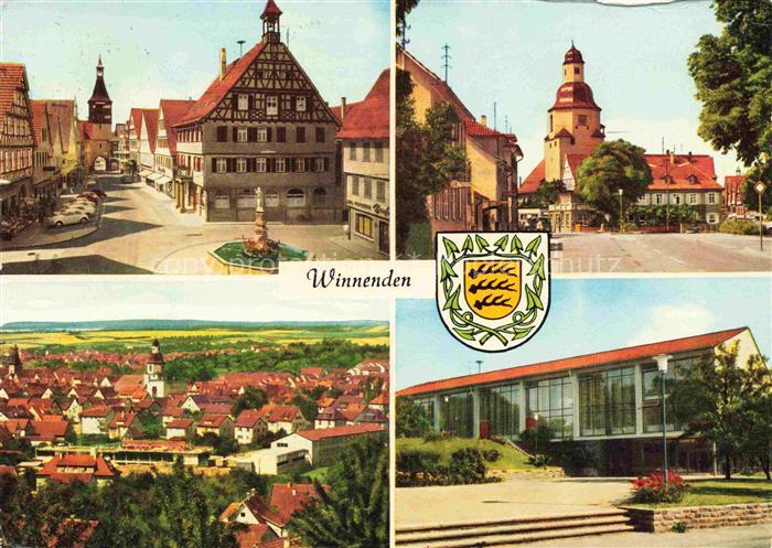 Winnenden Rathaus Marktplatz Brunnen Kirchturm Stadtansicht Stadthalle Wappen Fa