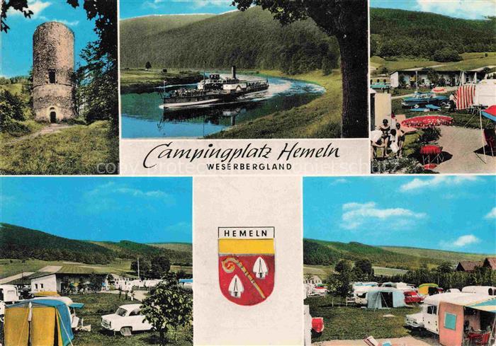 Hemeln Hann Muenden Niedersachsen Campingplatz Weser Dampfschiff Turm Wohnwagen