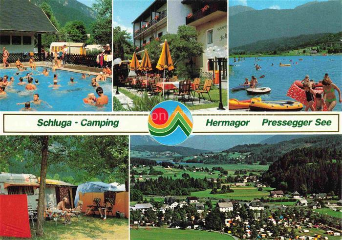 Hermagor Kaernten AT Schluga-Camping Pressegger-See Schwimmbad Gasthaus Campingp