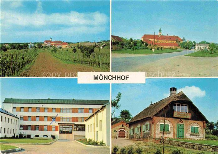 Moenchhof Burgenland AT Ortsansicht Weinberge Kirche Kneippkurheim-Weinstodl Ree