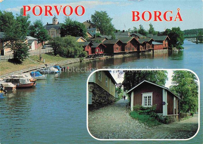 Porvoo Suomi Fluss Lagergebaeude Boote Altstadt Kopfsteinpflaster Holzhaeuser