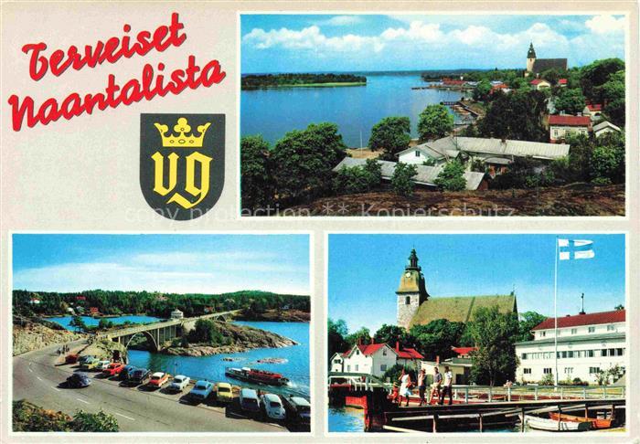 Naantali Nadendal Suomi Hafen Meer Bruecke Kirche Stadtpanorama Wappen Boote