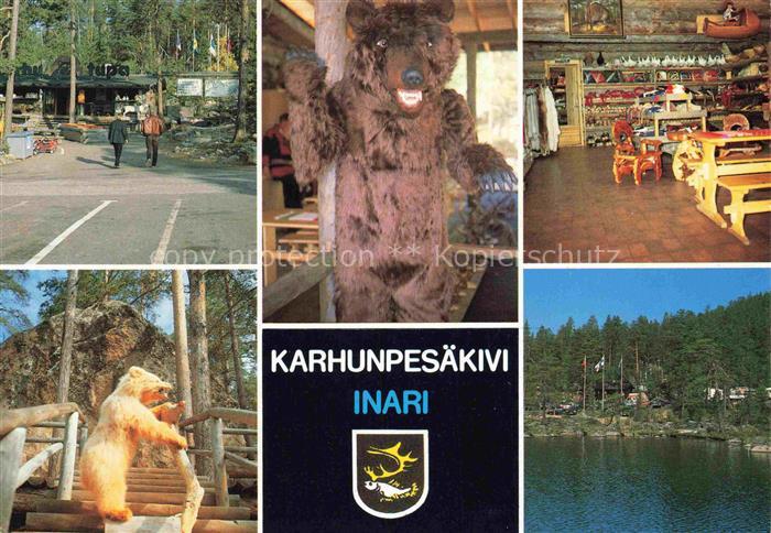 Inari Suomi Karhunpesaekivi Baer Touristenattraktion Souvenirshop See Wald Wappe