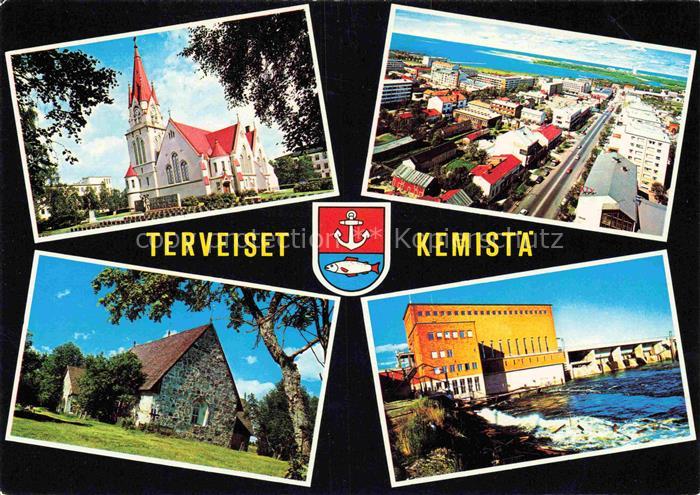 Kemi Suomi Kirche Stadtpanorama Fliegeraufnahme Kraftwerk Steinkirche Wappen Flu