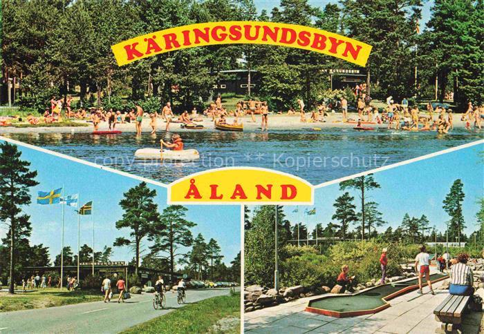 Aland Suomi Kaeringsundsbyn Freibad Badestrand Boote Minigolf Eingang Flaggen So