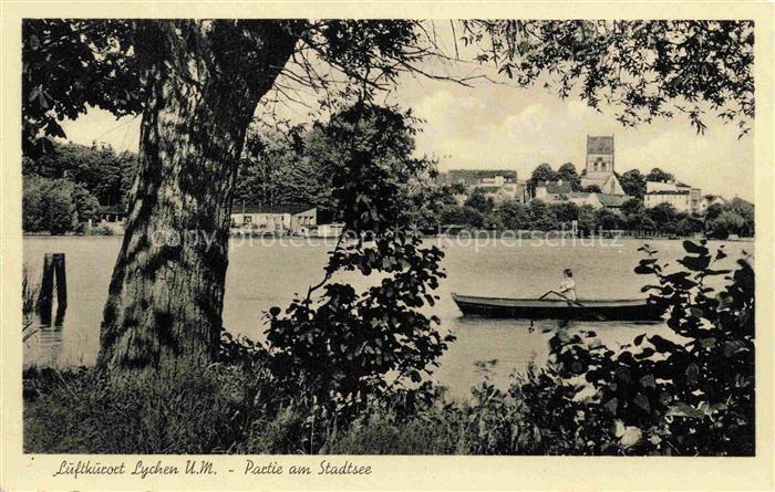 Lychen Uckermark Brandenburg Stadtsee Ruderboot Kirche Baum Ufer Luftkurort Wohn
