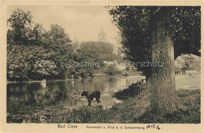 Bad Cleve KLEVE Kermisdahl Schwanenburg See Kuh Baeume Kirchturm Teich