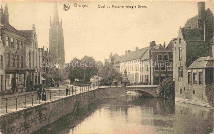 BRUGGE Bruges Belgie Quai-du-Rosaire Dyver Kanal Bruecke Kirchturm Gracht Passan