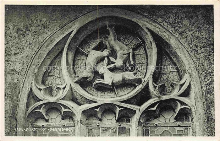 PADERBORN NRW Dom Hasenfenster Masswerk Hasen Steinrelief Gotik Fensterrose