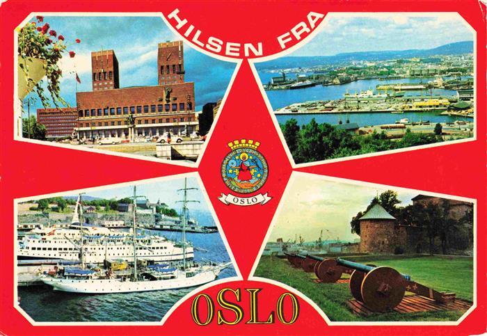 Oslo  Norge Radhuset Fliegeraufnahme Hafen Segelschiff Kanonen