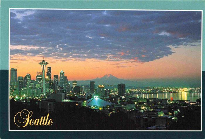 Seattle Washington USA Stadtpanorama bei Nacht Mount Rainier